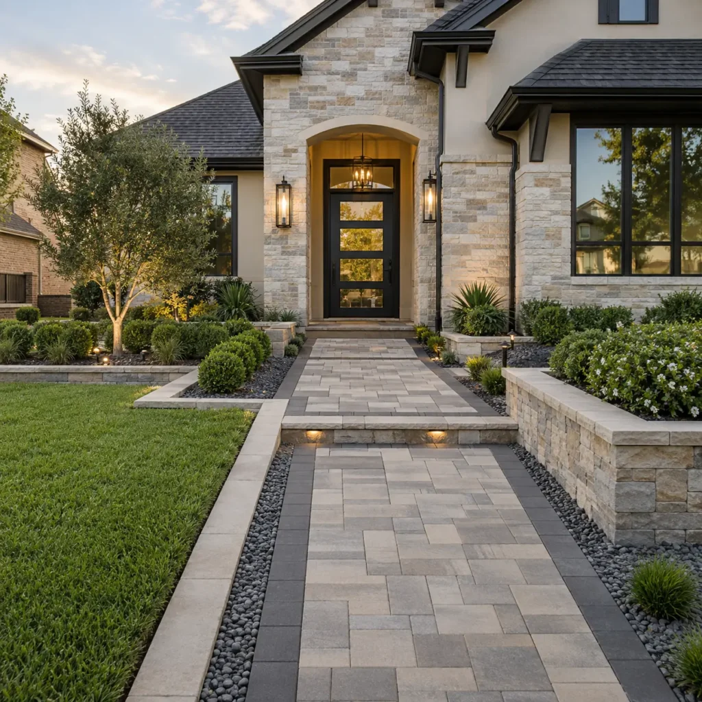 Paver walkway leading to a stone home’s front entry, lined with low stone planter walls