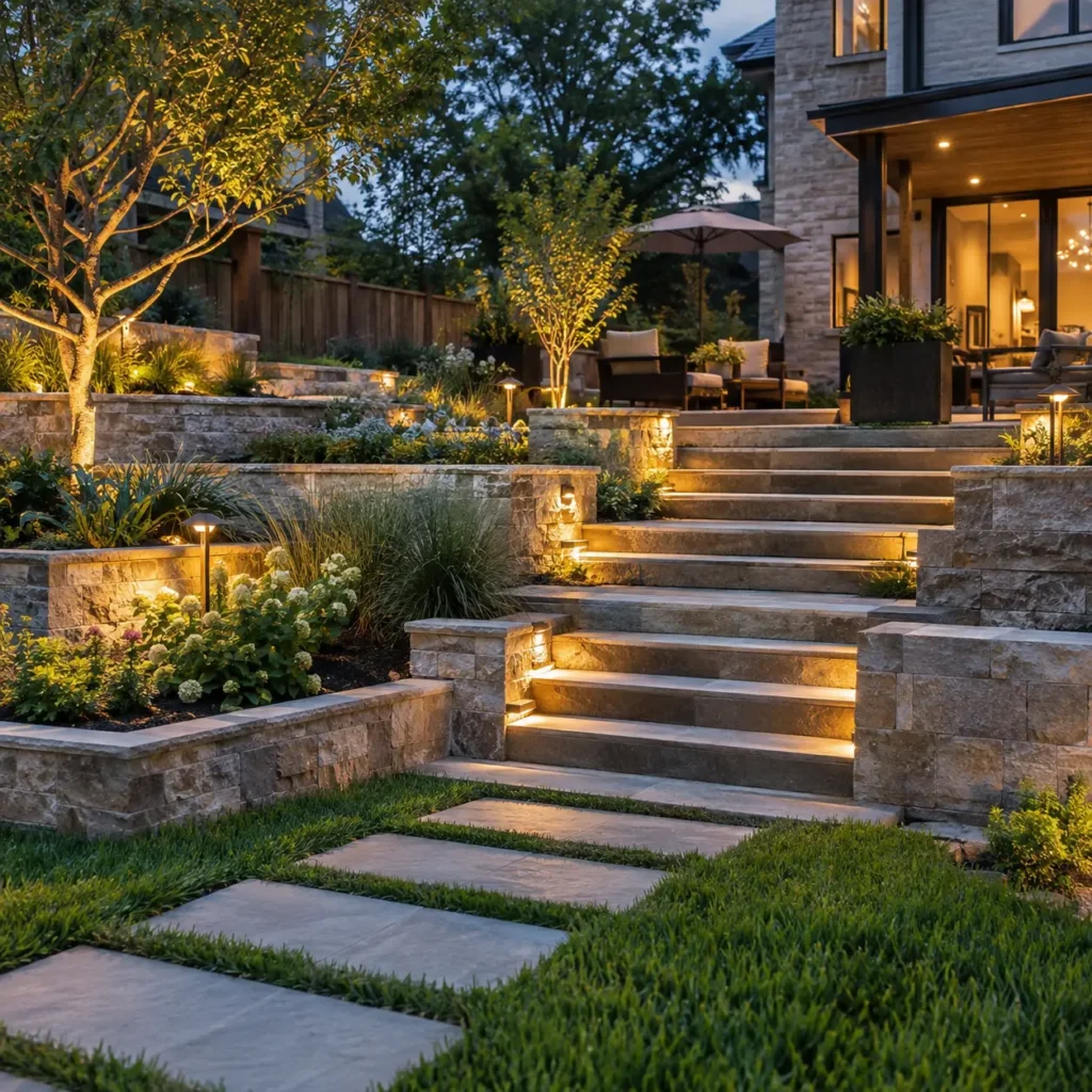 Lighted stone steps and retaining walls with stepping-stone pavers in a backyard