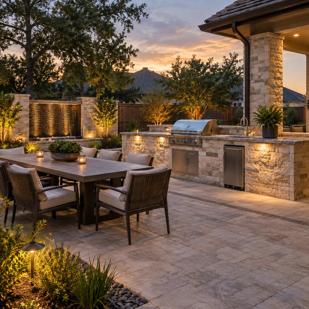 Paver patio with an outdoor dining area and a stone outdoor kitchen with a built-in grill