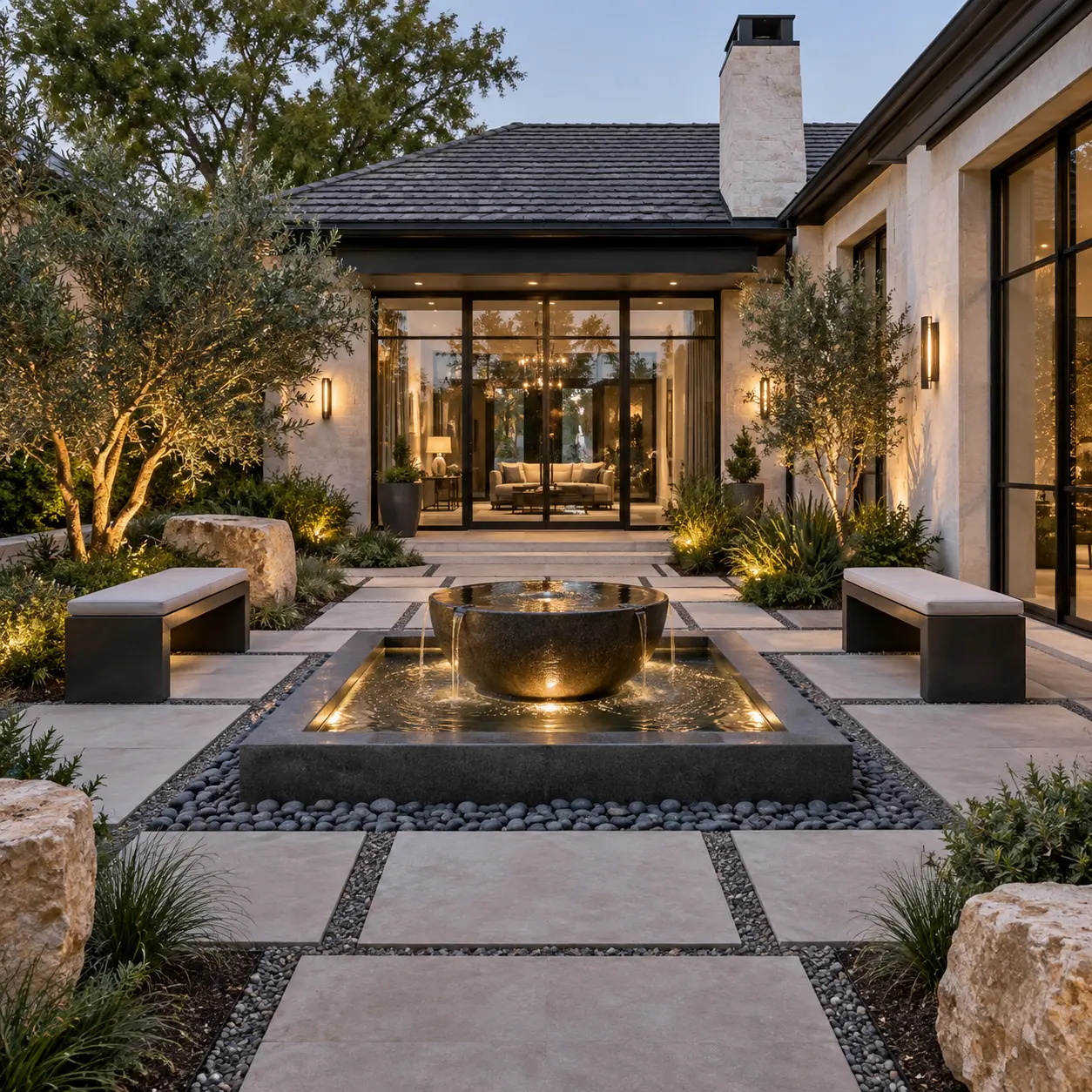 Courtyard with a large-format paver walkway, central fountain, and stone benches